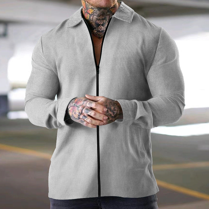 Men’s Long Sleeve Shirt – Textured Woven Fabric – Regular Fit – Zip Front Closure