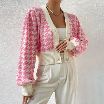 Women’s Knitted Cardigan – Cropped Fit – Houndstooth – Balloon Sleeve – V-Neck