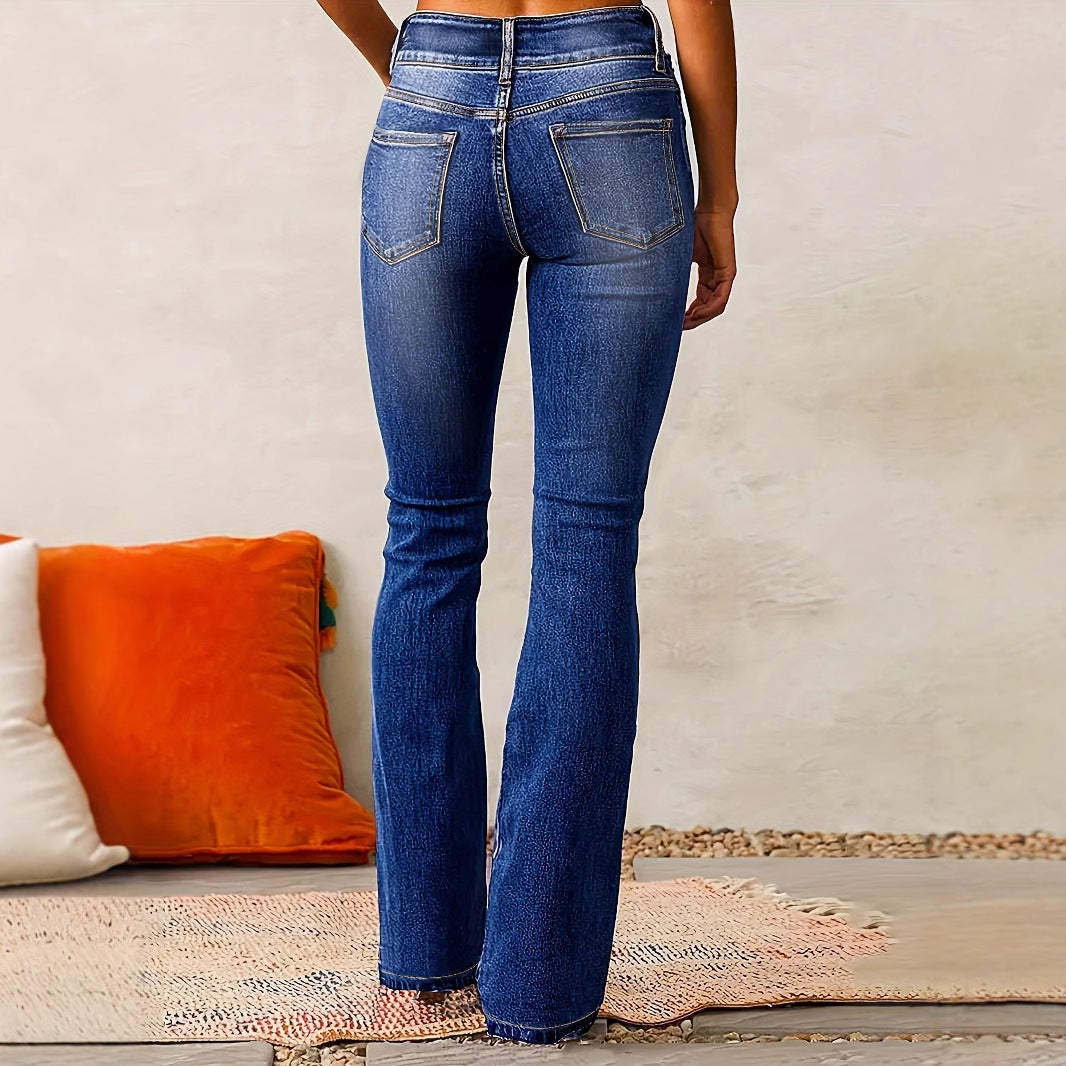 Women’s Flared Jeans – High Waist – Stretch Denim – Retro Fit – Full Length Casual Wear