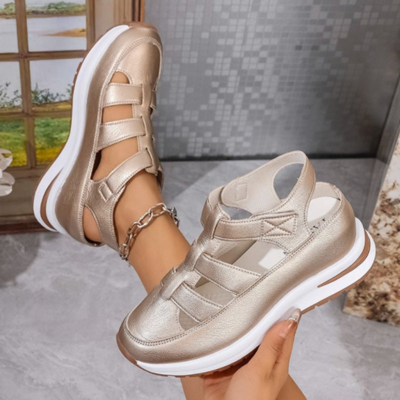 Women’s Wedge Sandals – Closed Toe – Cut-Out Design – Cushioned Sole – Velcro Strap
