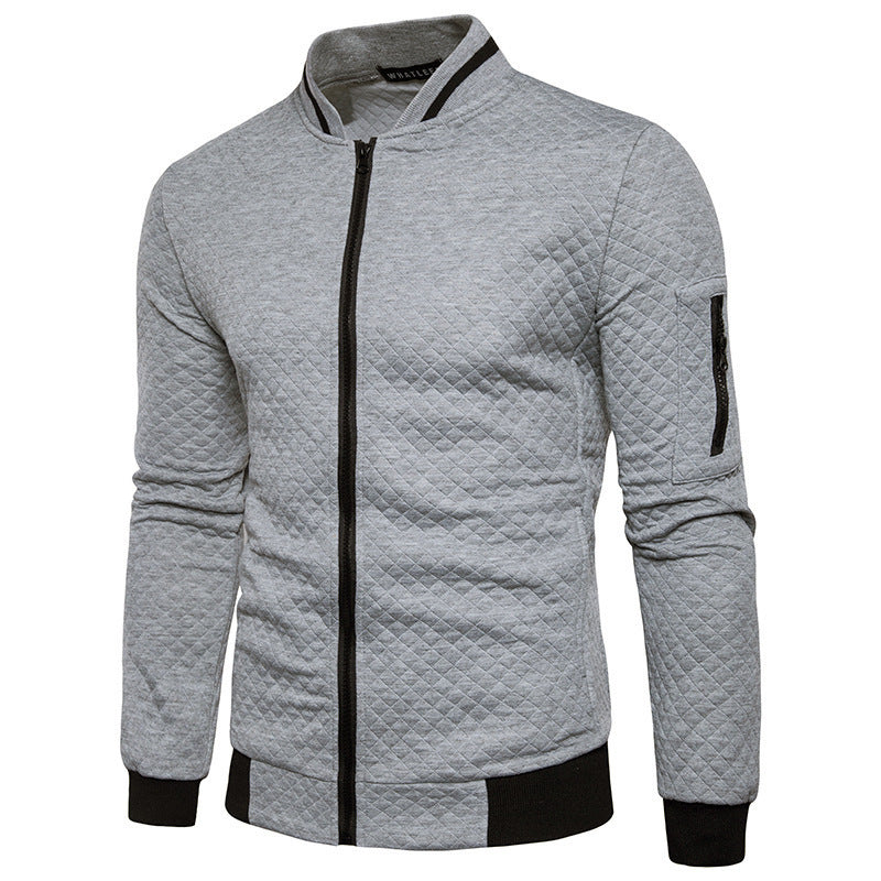 Men’s Sweatshirt Cardigan – Slim Fit – Quilted Texture – Zip Front – Sleeve Pocket