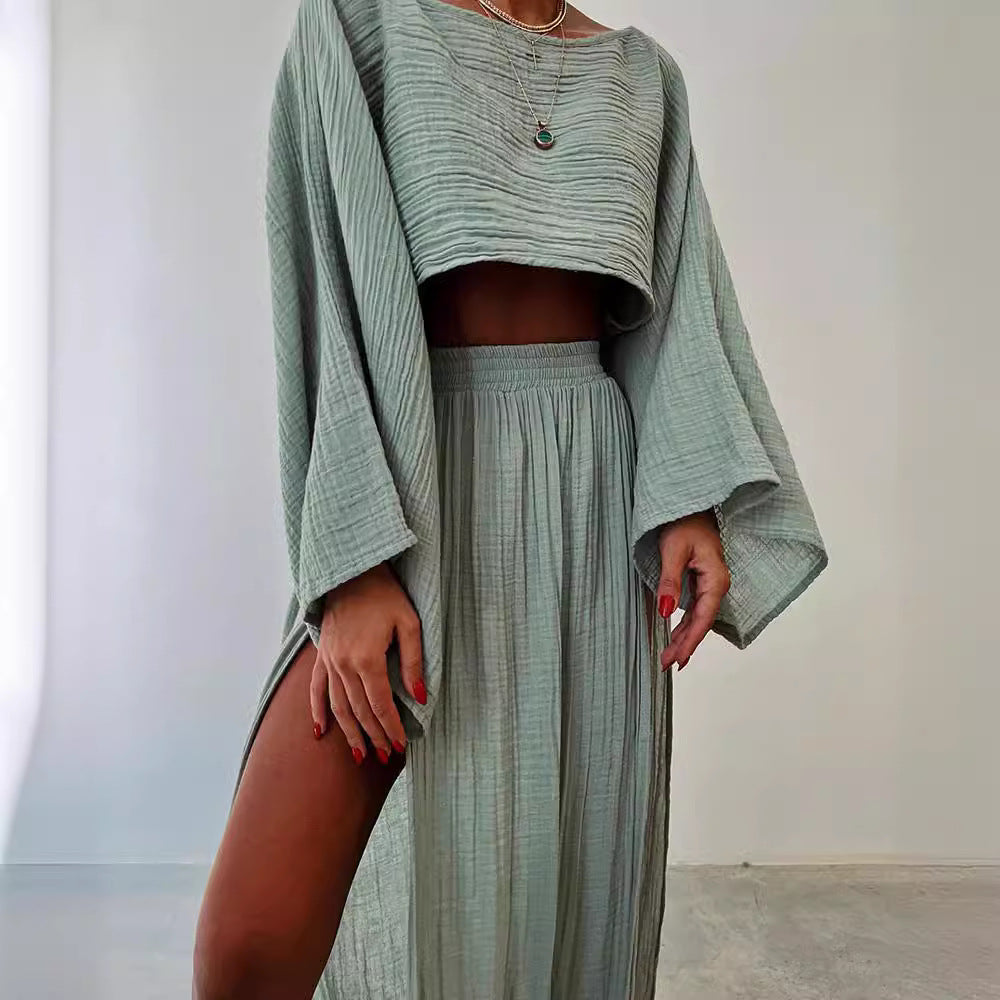Women’s Cropped Top – Linen Blend – Relaxed Fit – Boat Neck – 3/4 Sleeve
