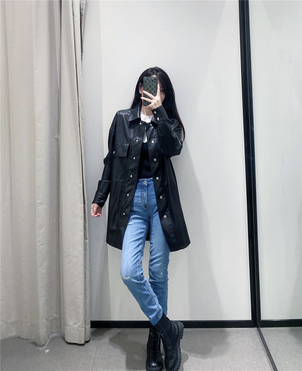 Women’s Shirt Jacket – Loose Fit – Leather-Like Texture – Snap Closure – Mid-Length