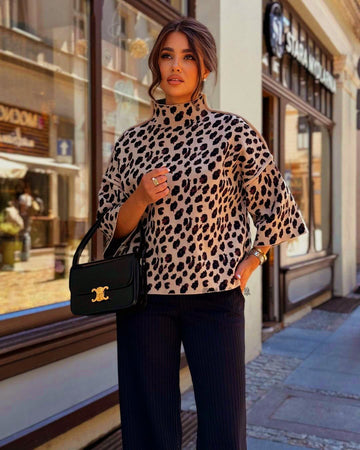 Women’s Sweater – Loose Fit Knit – High Neck – Leopard Print – 3/4 Sleeve Casual