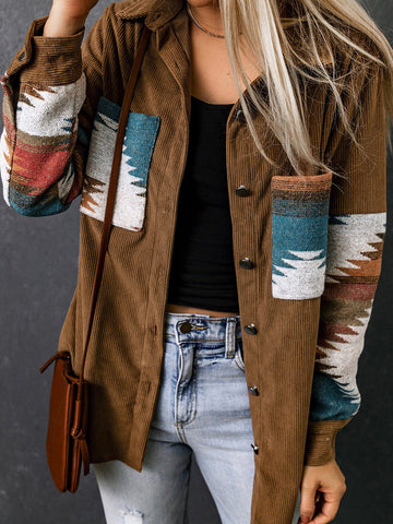 Women’s Cardigan Jacket – Corduroy Texture – Wool Blend – Aztec Detail – Relaxed Fit