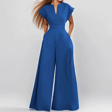 Women’s Jumpsuit – V-Neck – Loose Fit – Short Sleeve – Wide Leg – Full Length