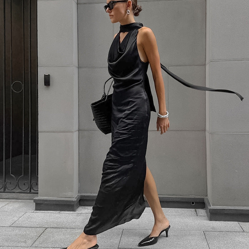 Women’s Satin Evening Dress – Draped Neckline – Halter Neck – Fitted Full-Length Fit