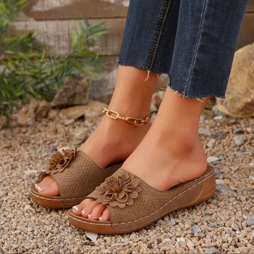 Women’s Wedge Sandals – Open Toe – Perforated Faux Suede – Floral Detail – Casual Fit