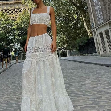 Women’s Two-Piece Set – Lace Off-Shoulder Crop Top – High Waist Tiered Maxi Skirt