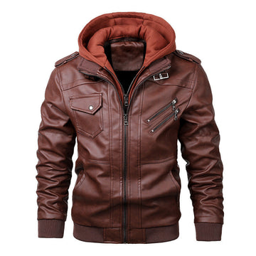 Men’s Jacket – Slim Fit Faux Leather – Hooded Layer – Zipper Pockets – Ribbed Trim