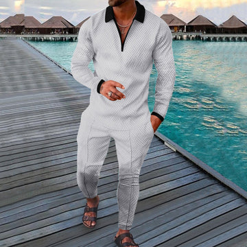 Men’s With Two-Piece Leisure Suit – Slim Fit – Long Sleeve Polo – Breathable with 3D Print Pattern