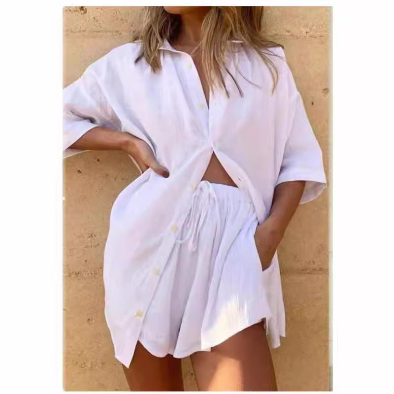 Women’s Shirt and Shorts Set – Linen Blend – Oversized Fit – Elastic Waistband