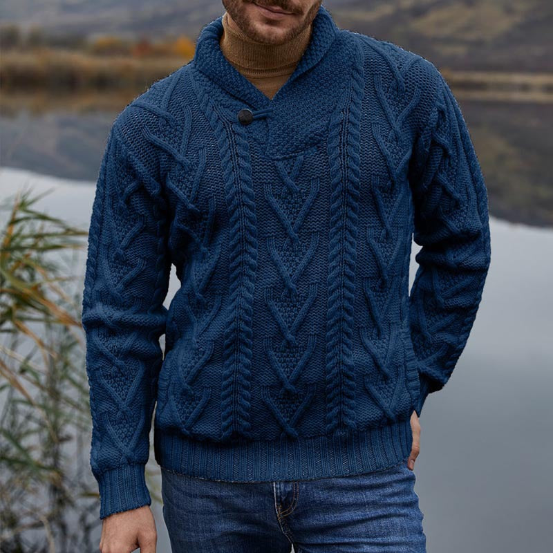 Men’s Pullover Sweater - Wool Blend - Cable Knit - Relaxed Fit - Shawl Collar Button