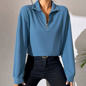 Women’s Pullover Top – Relaxed Fit – Half Zip with Stand Collar – Long Sleeve Cotton Blend