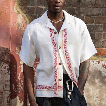 Men’s Short Sleeve Shirt – Relaxed Fit – Linen Blend – Embroidered Detail – Button Front