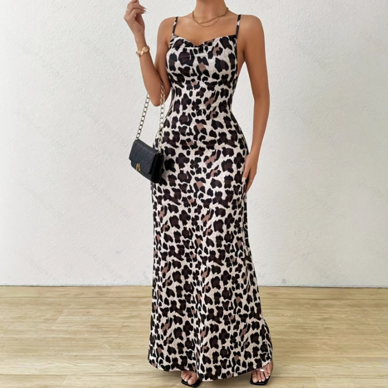 Women’s Sleeveless Dress – Slim Fit – Satin Feel – Animal Print – Full Length – Side Slit