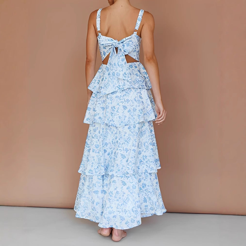 Women’s Midi Dress – A-Line Fit – Floral Print – Tiered Skirt – Sleeveless Straps