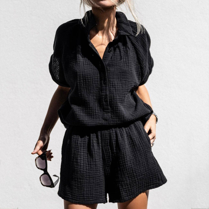 Women’s Lounge Set – Cotton Waffle Knit – V-Neck Top – Elastic Waist Shorts