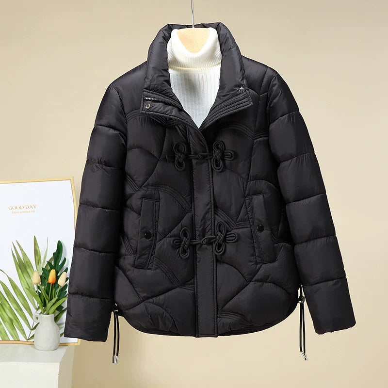 Women’s Puffer Jacket – Quilted Geometric Design – Frog Buttons – Adjustable Hem