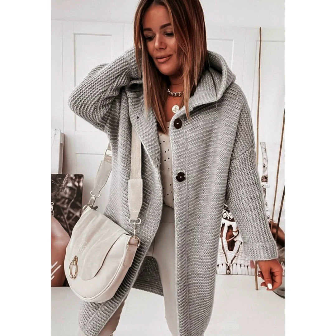 Women’s Hooded Cardigan – Relaxed Fit – Ribbed Knit – Long Line – Button Front