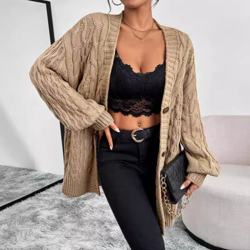 Women’s Knitted Cardigan – Cable Knit – Oversized Fit – V-Neck – Button Front – Long Sleeve