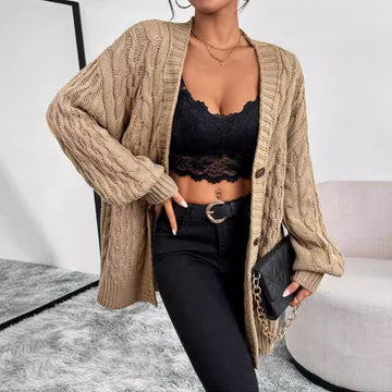 Women’s Knitted Cardigan – Cable Knit – Oversized Fit – V-Neck – Button Front – Long Sleeve