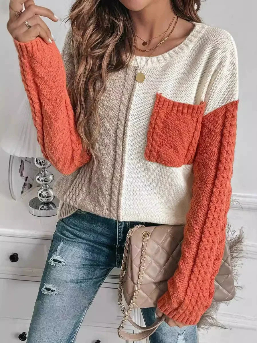 Women’s Pullover Sweater – Wool Knit – Relaxed Fit – Patchwork – Cable Knit Sleeves