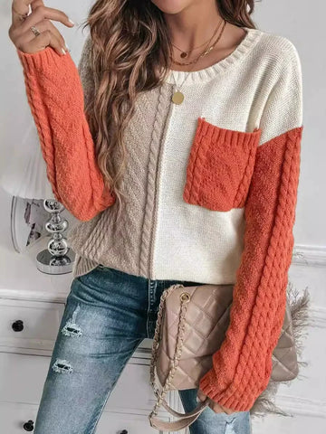 Women’s Pullover Sweater – Wool Knit – Relaxed Fit – Patchwork – Cable Knit Sleeves