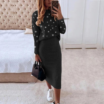 Women’s Two-Piece Set – Knit High Neck Top – Star Pattern – Slim Fit Midi Skirt