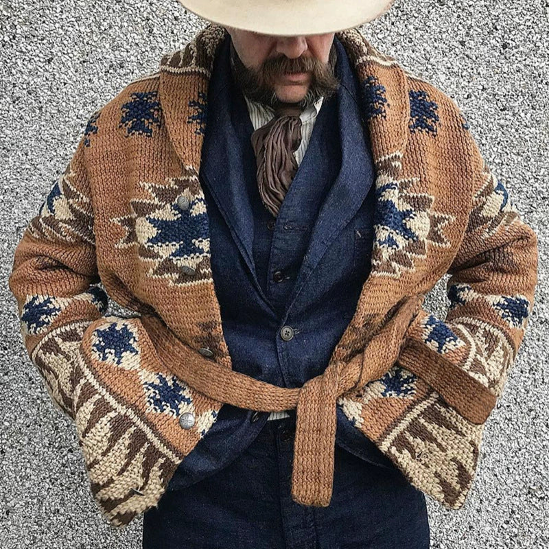 Men’s Cardigan Sweater – Wool Knit – Shawl Collar – Belted Waist – Relaxed Fit