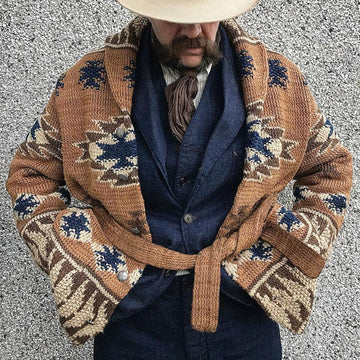 Men’s Cardigan Sweater – Wool Knit – Shawl Collar – Belted Waist – Relaxed Fit