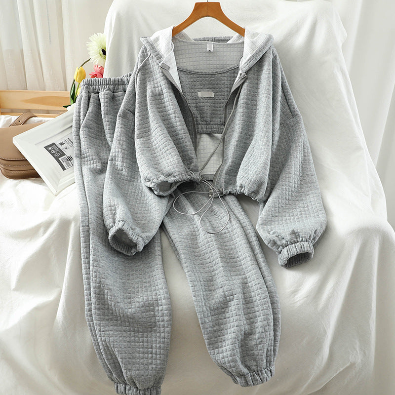 Women’s Two-Piece Tracksuit Set – Waffle Textured – Cropped Hooded Zip Jacket – Relaxed Joggers