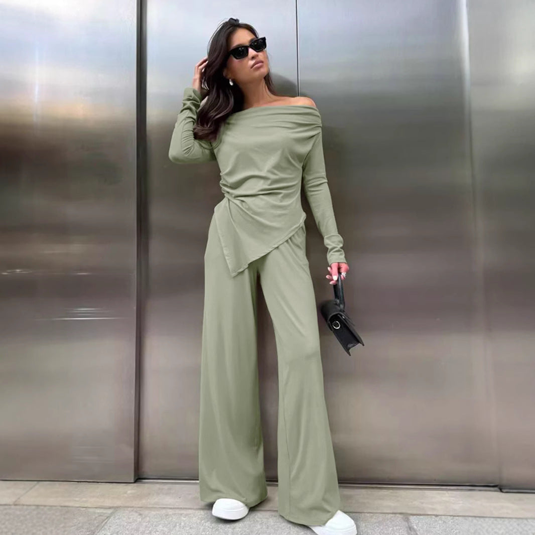 Women's Two-Piece Set - Off-Shoulder Top & High-Waisted Wide-Leg Pants - Silky Texture