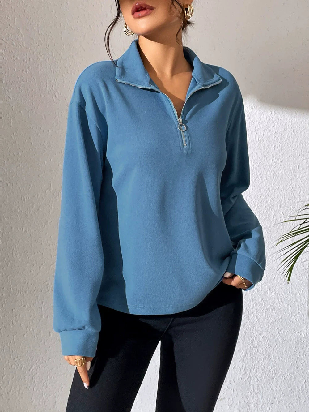 Women’s Pullover Top – Relaxed Fit – Half Zip with Stand Collar – Long Sleeve Cotton Blend