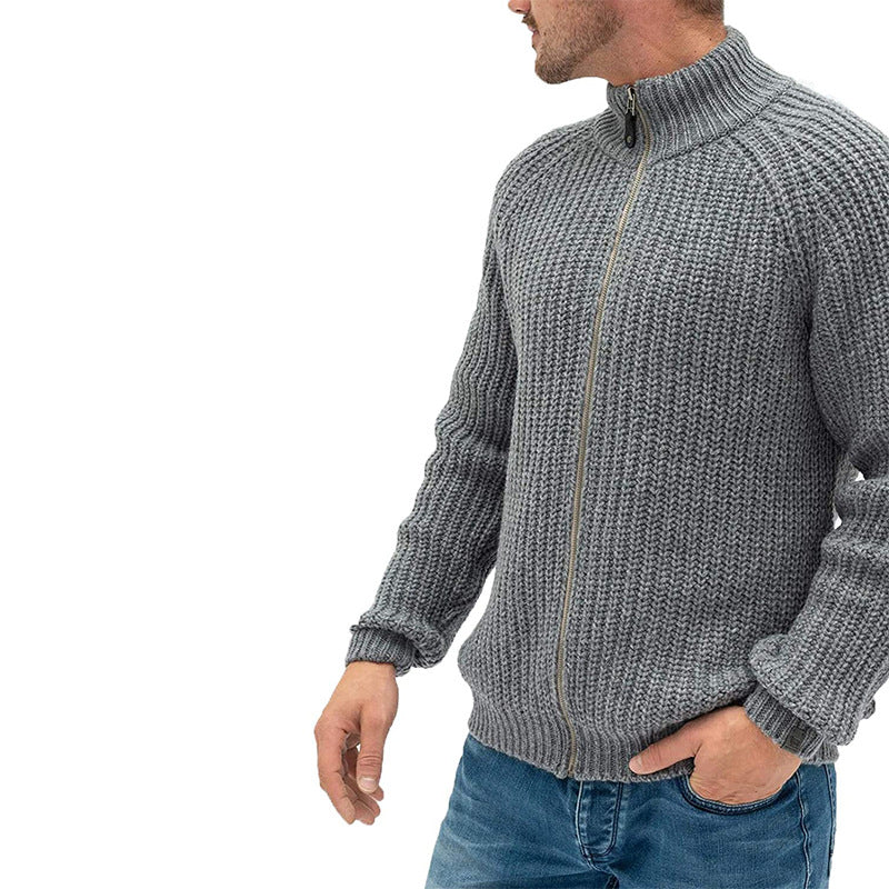 Men’s Cardigan – Chunky Wool Knit – Full-Zip – High Collar – Raglan Sleeves – Regular Fit