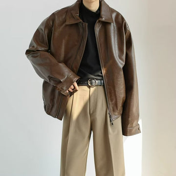 Men’s Leather Jacket – Oversized Fit – Cropped Length – Zip Front – Classic Collar