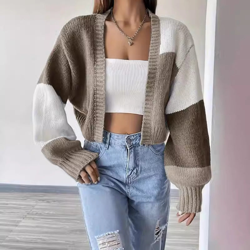 Women’s Knit Cardigan – Cropped Fit – Ribbed Texture – V-Neck – Voluminous Sleeves