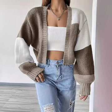 Women’s Knit Cardigan – Cropped Fit – Ribbed Texture – V-Neck – Voluminous Sleeves