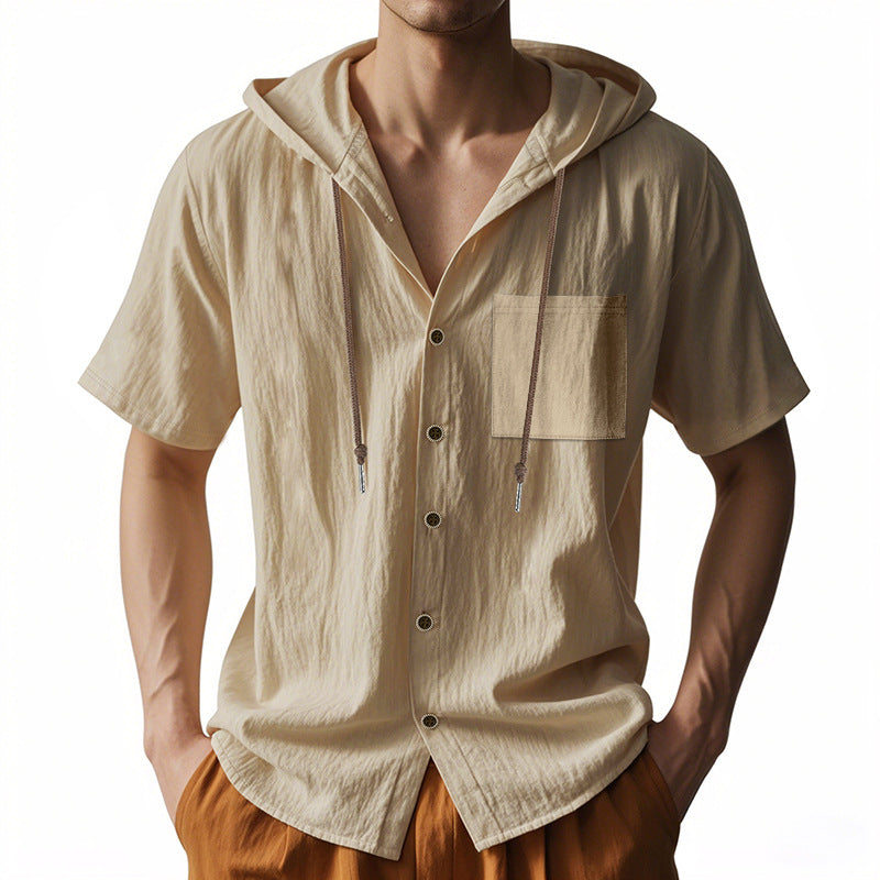 Men’s Hooded Shirt – Linen Blend – Relaxed Fit – Short Sleeve – Button-Up Casual Style