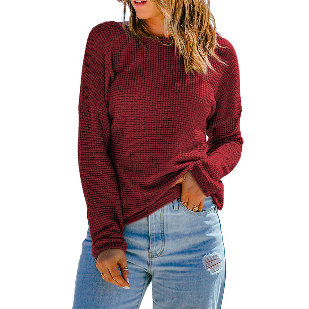 Women’s Long Sleeve Top – Waffle Knit – Relaxed Fit – Drop Shoulder – Soft Texture