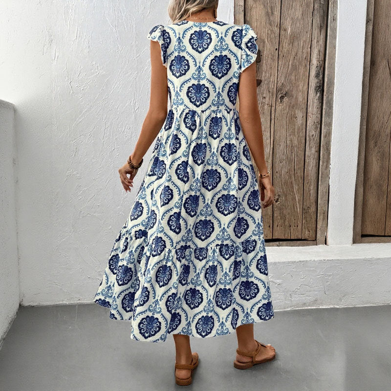Women’s Long Dress – Cotton Blend – Loose Fit – Flutter Sleeve – Floral Print – V-Neck