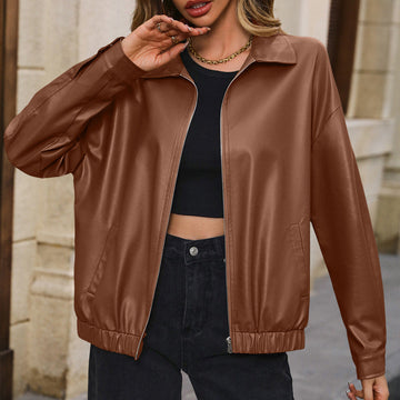 Women’s Biker Jacket – PU Leather – Relaxed Fit – Cropped – Zip Front – Snap Cuffs