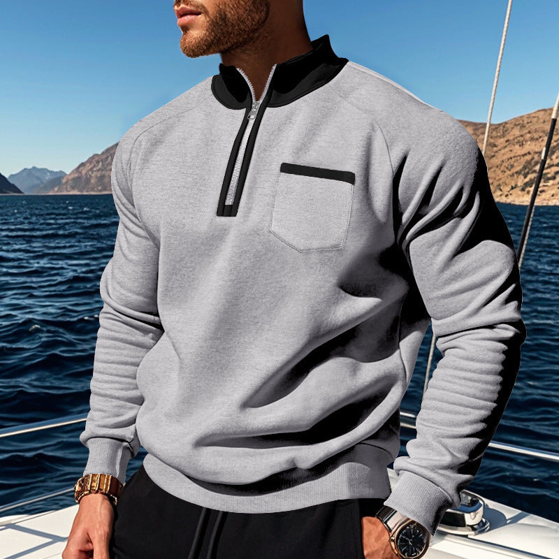 Men’s Pullover – Cotton Knit – Stand Collar – Half Zip – Chest Pocket – Casual Fit