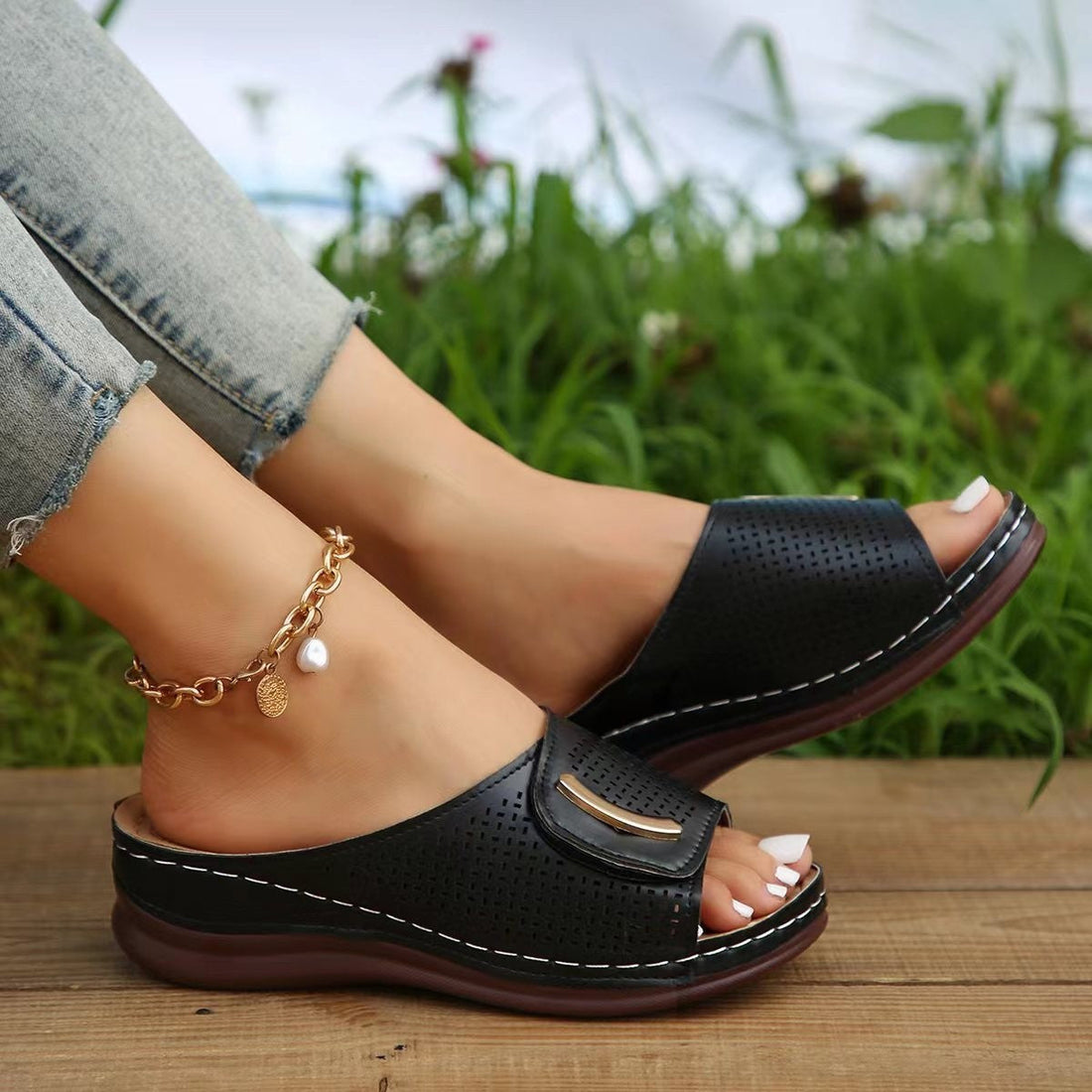 Women’s Wedge Sandals – Slip-On – Wide Perforated Strap – Open Toe Casual Fit