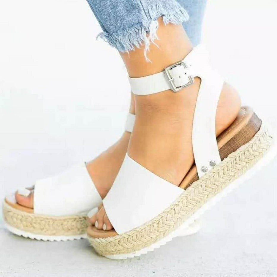Women’s Wedge Sandals – Platform Jute Sole – Open Toe – Ankle Strap Buckle Fit