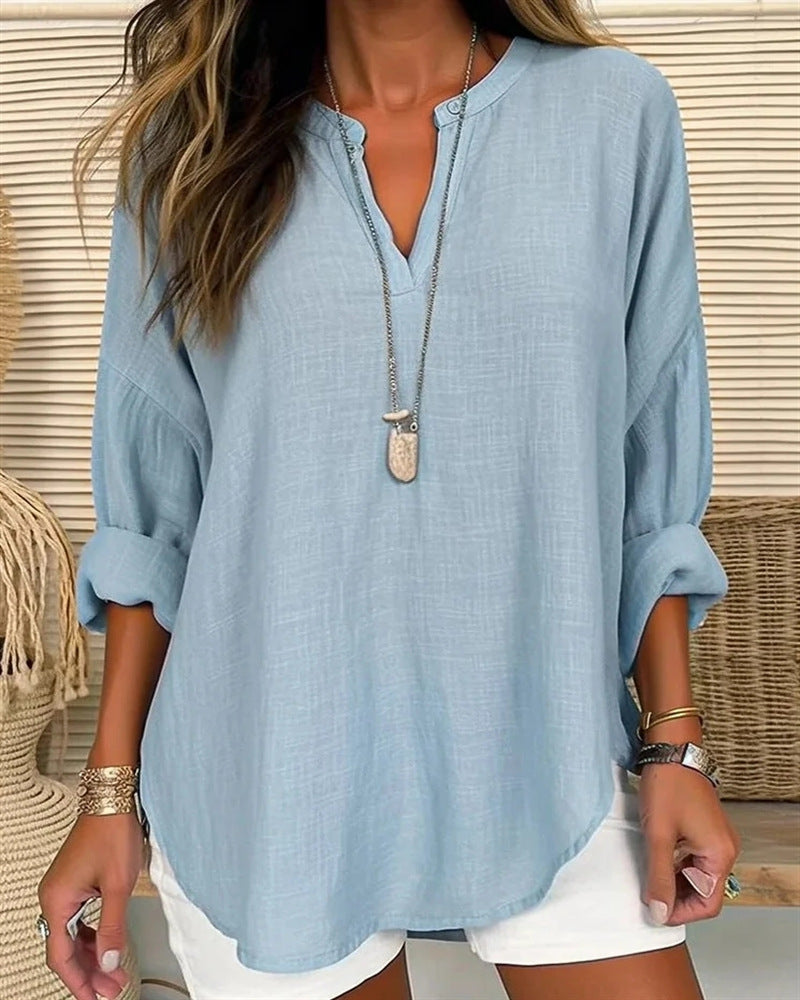 Women’s Long Sleeve Shirt – Cotton Linen Blend – Relaxed Fit – Stand Collar – Casual Style