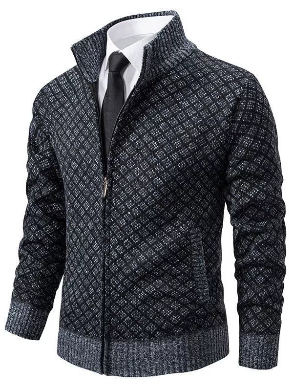 Men’s Cardigan Sweater – Slim Fit Wool Knit – Stand Collar – Zip Front – Ribbed Trim