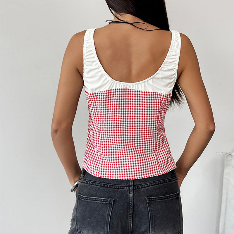 Women’s Tank Top – Slim Fit – Gingham Pattern – Scoop Neck – Cropped Cotton Blend