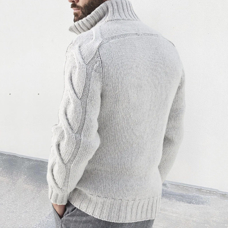 Men’s Cardigan – Wool Blend – Relaxed Fit – High Neck Zip – Cable Knit Sleeves