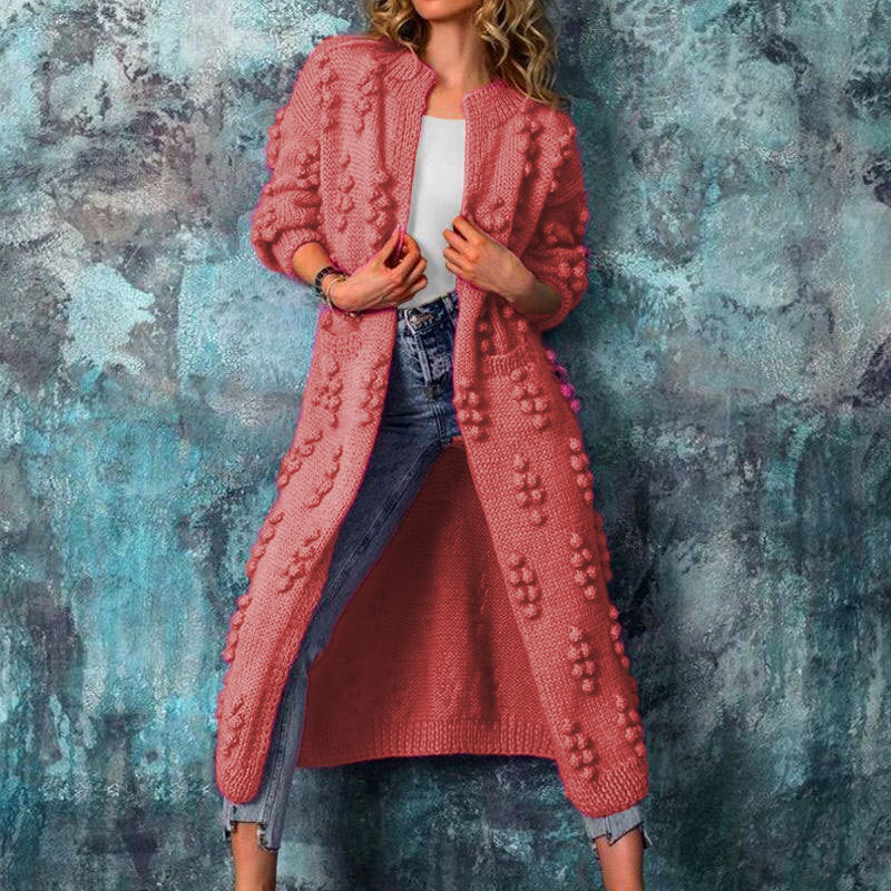 Women’s Long Cardigan Sweater Jacket – Relaxed Fit – Popcorn Knit – Open Front – Pockets